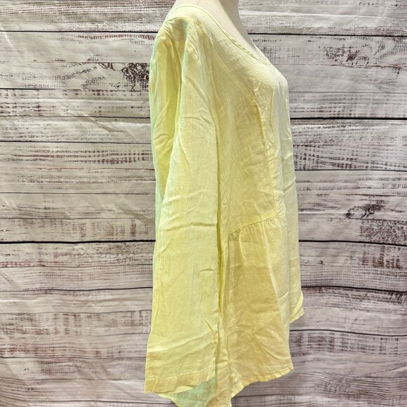 FLAX 100% Washable Linen Yellow Green Peplum Top - Picture 2 of 8